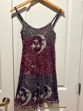 Vintage Spaghetti Strap Moon & Stars Tie-Dye Dress - Purple/Pink Y2K